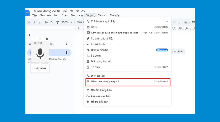 Google Docs hỗ trợ nhập văn bản bằng giọng nói trực tiếp trong giao diện soạn thảo.