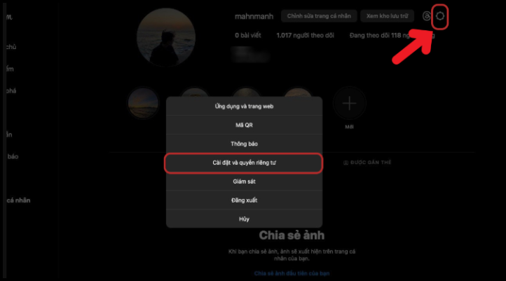 Đăng nhập Instagram trên trình duyệt web, nhấn ảnh đại diện và vào phần Cài đặt và quyền riêng tư.