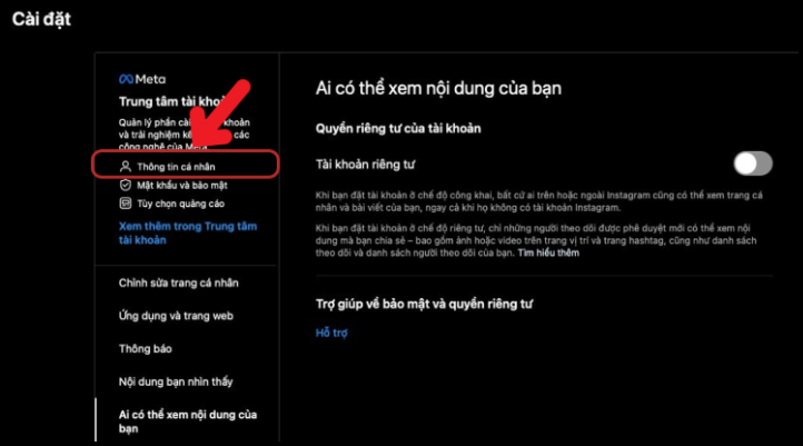 Mở Cài đặt và quyền riêng tư trên Instagram, tìm và chọn mục Thông tin cá nhân.