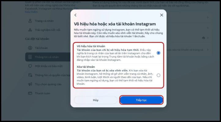 Instagram hiển thị hai tuỳ chọn: Vô hiệu hoá tạm thời hoặc Xoá tài khoản vĩnh viễn.