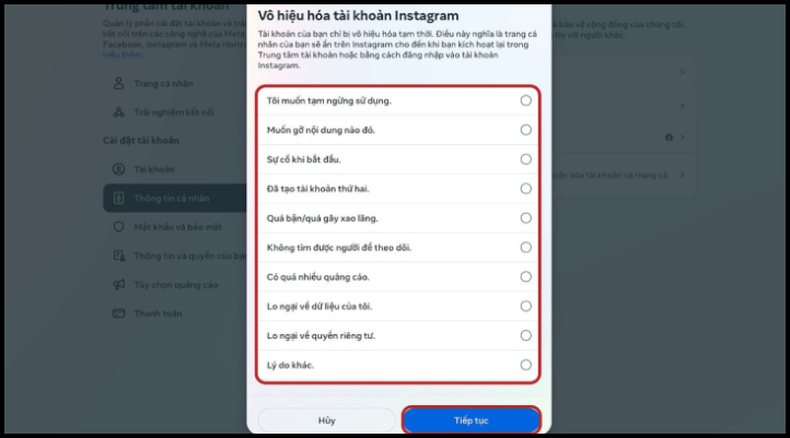 Chọn lý do muốn tạm vô hiệu hoá tài khoản Instagram từ danh sách có sẵn.