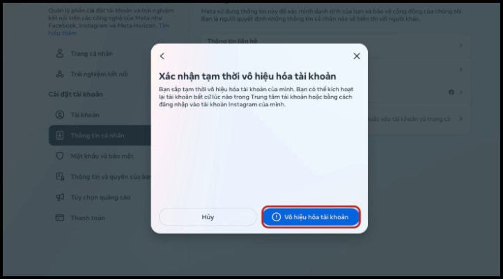 Nhấn nút Vô hiệu hoá tài khoản để hoàn tất quá trình tạm khoá.