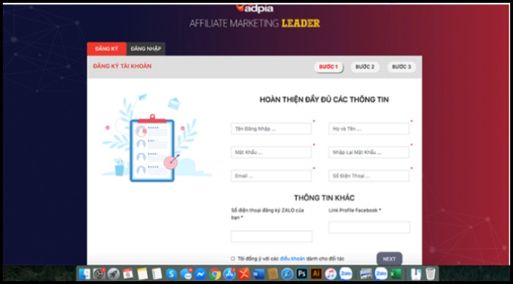 Bước 1: Truy cập Adpia.vn, chọn mục đăng ký cộng tác viên để tạo tài khoản Publisher Affiliate Sendo.