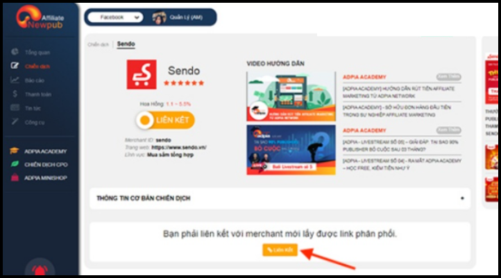 Bước 4: Đăng nhập Adpia, vào danh sách Offer, tìm Sendo và chọn tham gia chiến dịch affiliate.
