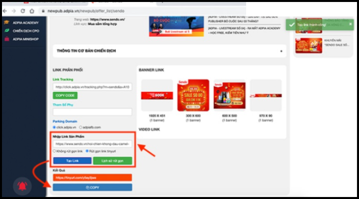 Bước 5: Sao chép link sản phẩm Sendo, dán vào Adpia để tạo link affiliate cá nhân có mã theo dõi.