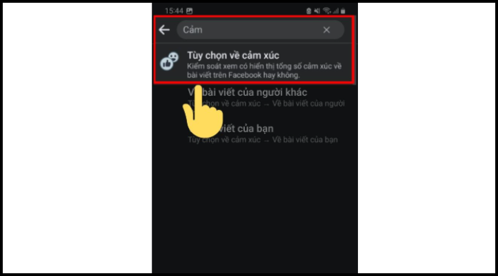 Bước 4: Gõ từ khóa cảm xúc và chọn Tùy chọn về cảm xúc trên Facebook