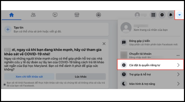Bước 1: Truy cập Facebook trên máy tính bằng trình duyệt và mở phần Cài đặt