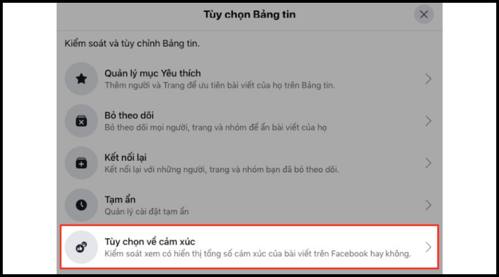 Bước 2: Vào mục Bảng tin trong Cài đặt và chọn Tùy chọn cảm xúc