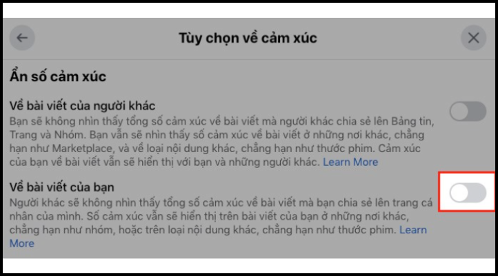 Bước 3: Tích chọn ẩn số lượt thích trên bài viết trong Tùy chọn cảm xúc