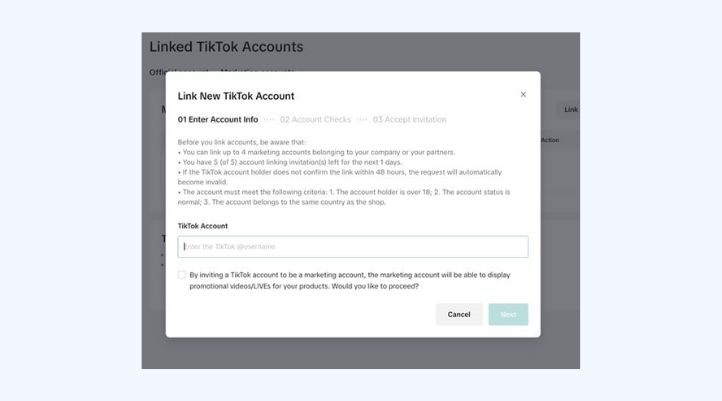 Nhập chính xác tên người dùng TikTok cá nhân mà bạn muốn liên kết. Sau đó, nhấn “Tiếp theo” để hệ thống tiến hành xử lý.