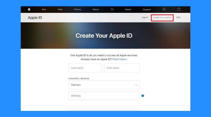 Cách tạo tài khoản iCloud trên Google - Bước 2: Bạn nhấp vào “Create Your Apple ID” (Tạo ID Apple của bạn) để bắt đầu quá trình đăng ký.
