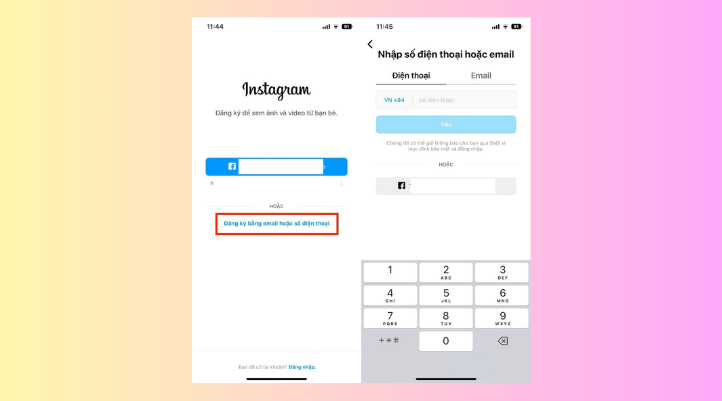 Bước 1: Bạn vào App Store hoặc Google Play, tìm “Instagram” và nhấn tải xuống. Mở ứng dụng và chọn “Tạo tài khoản mới”. Sau đó, bạn chọn đăng ký bằng số điện thoại hoặc email và nhập thông tin tương ứng.