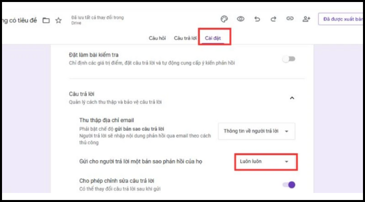 Xem đáp án ở Google Form qua email với bản sao câu trả lời và điểm số nếu có chấm tự động.