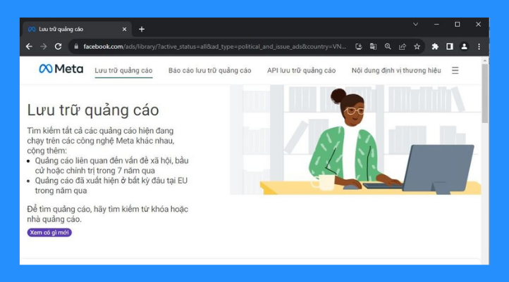 Bạn mở trình duyệt và truy cập vào Facebook Library, bạn sẽ thấy giao diện chính của Thư viện quảng cáo.