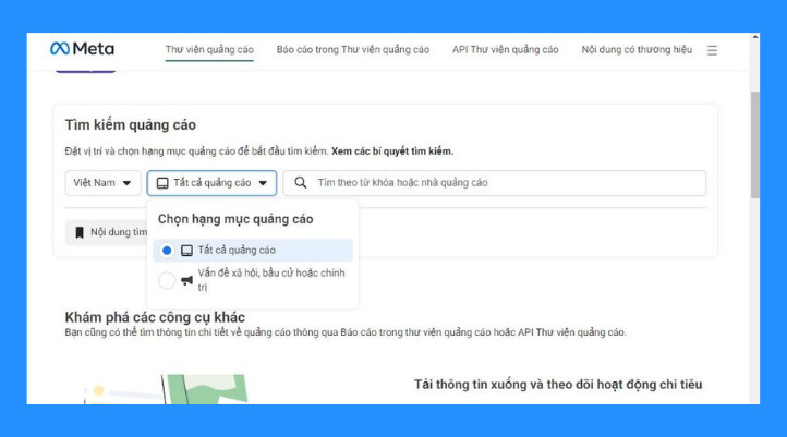 Chọn quốc gia mà bạn muốn xem quảng cáo. Sau đó chọn hạng mục quảng cáo, ví dụ: “Tất cả quảng cáo” để xem tổng quan.