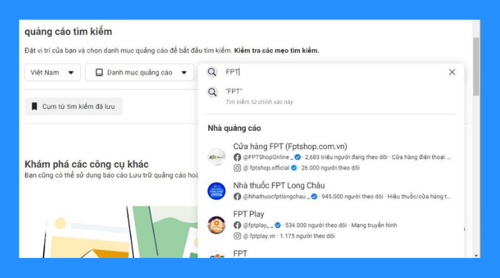 Bạn nhập từ khóa liên quan đến sản phẩm, dịch vụ hoặc nhập tên Fanpage của đối thủ vào ô tìm kiếm.