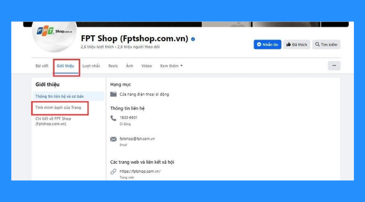 Bạn truy cập trực tiếp vào Fanpage muốn nghiên cứu trên Facebook. Sau đó, tìm mục Tính minh bạch của trang (Page Transparency).