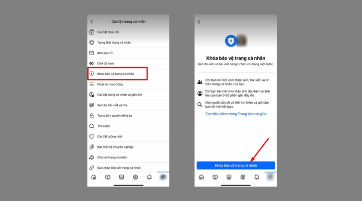 khóa bảo vệ trang cá nhân facebook - bước 4: Bạn chọn “Khóa bảo vệ trang cá nhân” và nhấn tiếp dòng “Khóa bảo vệ trang cá nhân” để xác nhận. Facebook sẽ thông báo khi thao tác thành công.