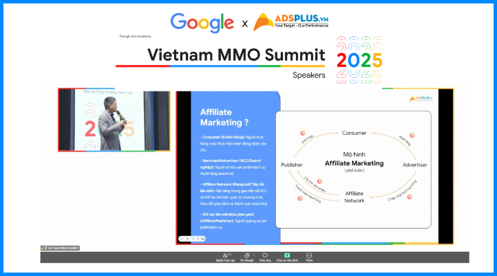 Đại diện Adsplus chia sẻ về Affiliate Marketing - Tạo dòng tiền toàn cầu tại Google Vietnam MMO Summit 2025
