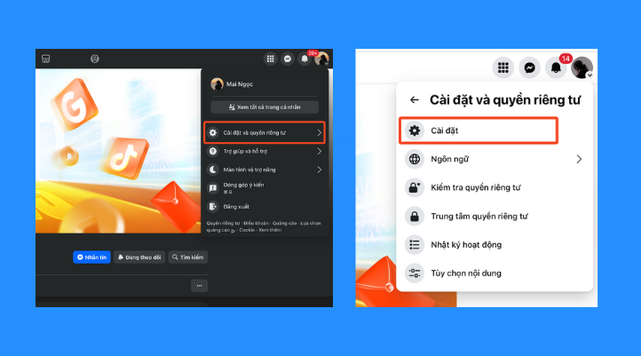 Cách chặn tag trên Facebook: Bạn đăng nhập Facebook, nhấn vào avatar góc trên, chọn Cài đặt & quyền riêng tư, rồi vào Cài đặt.