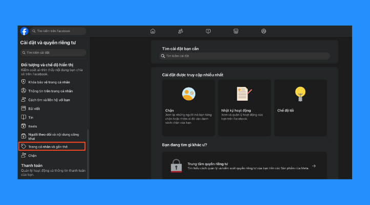 Trong phần cài đặt, bạn kéo xuống sẽ thấy mục Trang cá nhân và gắn thẻ.