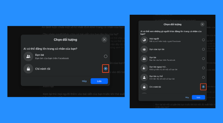 Cách chặn tag trên Facebook chi tiết trên điện thoại & máy tính: Ở mục Ai có thể đăng lên trang cá nhân của bạn? và Ai có thể xem những gì người khác đăng lên trang cá nhân của bạn?, hãy chọn Chỉ mình tôi.