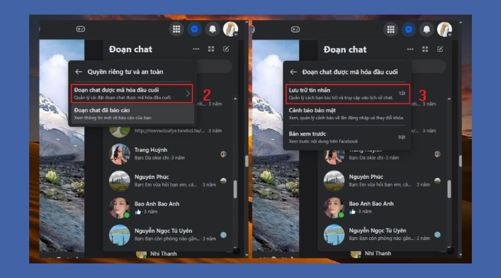 Bạn chọn Đoạn chat được mã hóa đầu cuối. Tiếp theo, bạn nhấn vào Lưu trữ tin nhắn để quản lý các cuộc trò chuyện đã mã hóa.