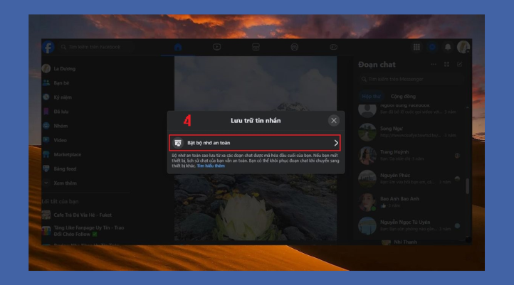 Ở bước này, bạn bấm vào Bật bộ nhớ an toàn. Bước này sẽ giúp bạn kích hoạt tính năng lưu trữ và đồng bộ tin nhắn