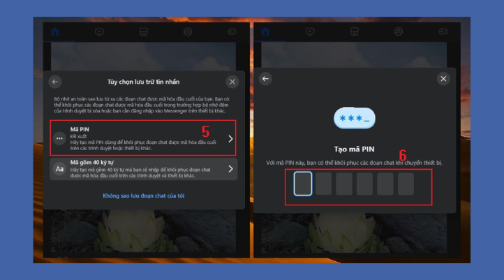 Bạn chọn phương thức khôi phục. Bạn có thể sử dụng mã PIN để dễ nhớ hoặc nhập mã bảo mật 40 ký tự để bảo mật cao. Sau đó, bạn nhập mã PIN hoặc mã bảo mật theo lựa chọn và xác nhận thông tin. Khi truy cập Messenger trên máy tính, đoạn chat đã mã hóa sẽ được đồng bộ và khôi phục.
