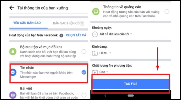 Lọc dữ liệu, chỉ tick mục Tin nhắn và tạo file chứa đoạn chat Messenger cần khôi phục trên Android.