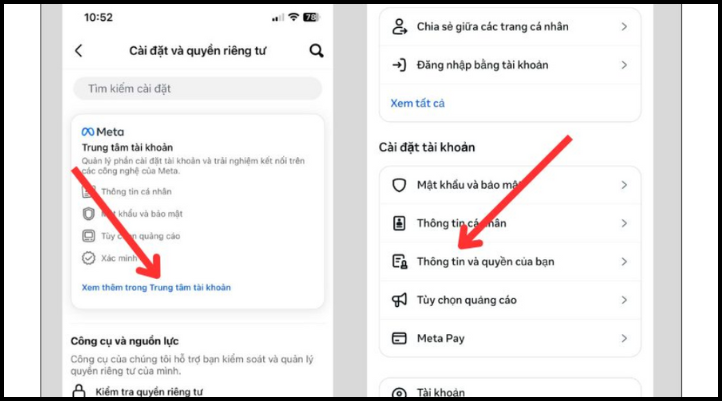Truy cập Trung tâm tài khoản trong Facebook, chọn Thông tin và quyền để khôi phục tin nhắn Messenger trên iPhone.