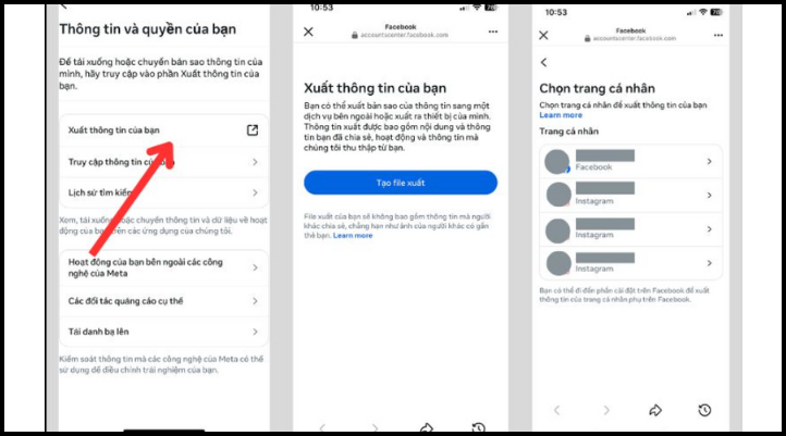 Thao tác xuất dữ liệu từ mục Xuất thông tin của bạn để lấy lại tin nhắn Messenger đã xóa trên iPhone.