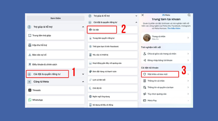 Bạn vào Menu, chọn Cài đặt và quyền riêng tư. Sau đó, bạn tiếp tục vào Cài đặt, chọn Mật khẩu và bảo mật.