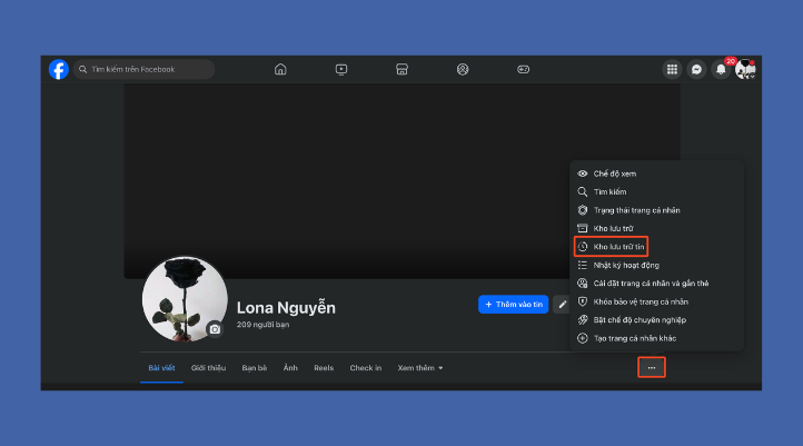 Bạn bấm dấu 3 chấm ở cạnh nút chỉnh sửa trang cá nhân. Khi menu mở ra, bạn hãy chọn mục Kho lưu trữ.