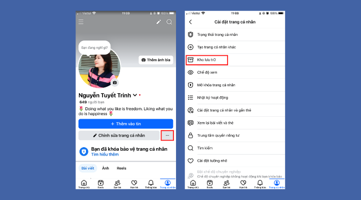 Tại giao diện trang cá nhân, bạn hãy nhấn vào dấu 3 chấm ngay dưới ảnh bìa. Khi menu hiển thị, bạn chọn mục Kho lưu trữ tin để xem lại toàn bộ tin đã đăng.