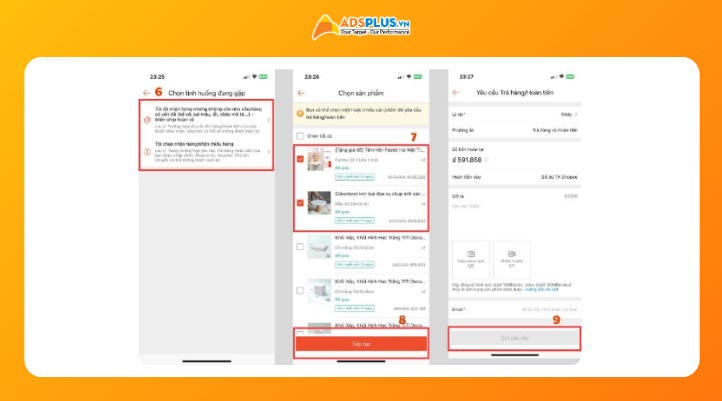 Người dùng nhập lý do, mô tả vấn đề, đính kèm hình ảnh hoặc video minh chứng rồi gửi yêu cầu hoàn tiền.