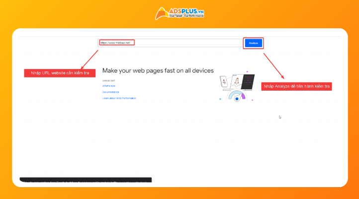 Minh họa giao diện Google PageSpeed Insights với ô nhập URL và nút “Phân tích”, thể hiện quy trình người dùng nhập đường dẫn website để kiểm tra tốc độ tải trang.