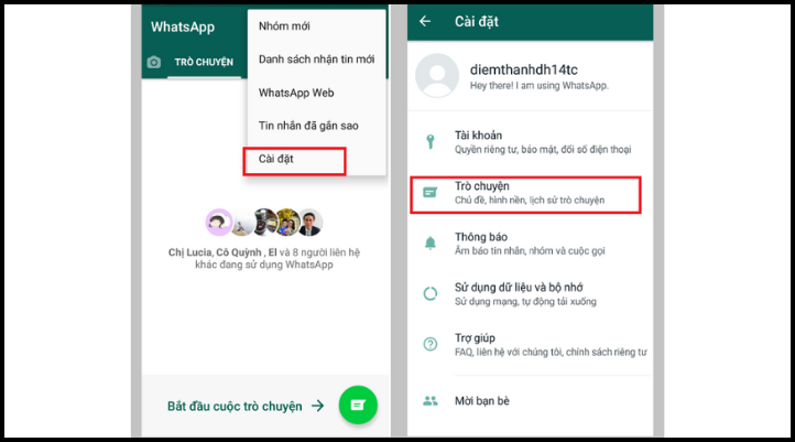 Mở WhatsApp vào Cài đặt và chọn Trò chuyện để sao lưu tin nhắn WhatsApp