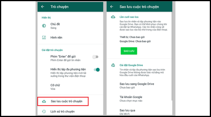 Chọn Sao lưu trò chuyện trong Cài đặt WhatsApp để lưu dữ liệu vào Google Drive
