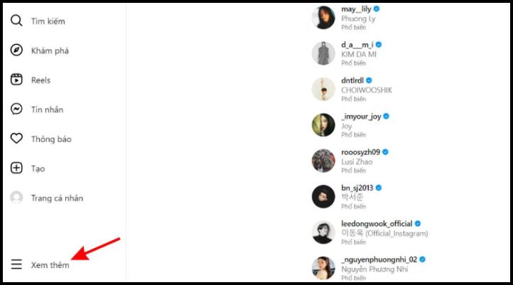 Truy cập Instagram trên máy tính và chọn mục “Xem thêm” để mở menu tùy chọn.