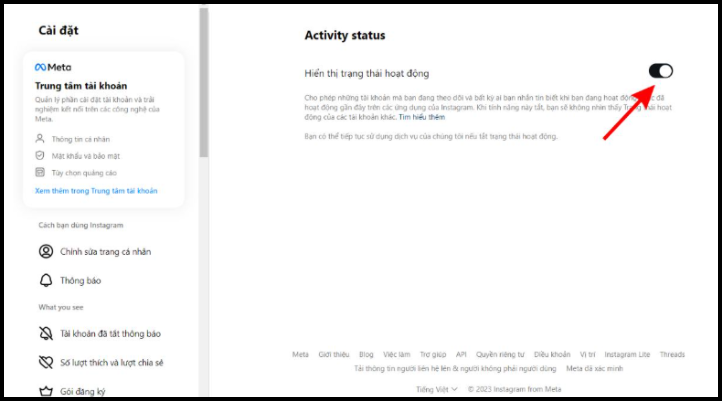 Tắt hiển thị trạng thái hoạt động bằng nút gạt để ẩn online trên Instagram.