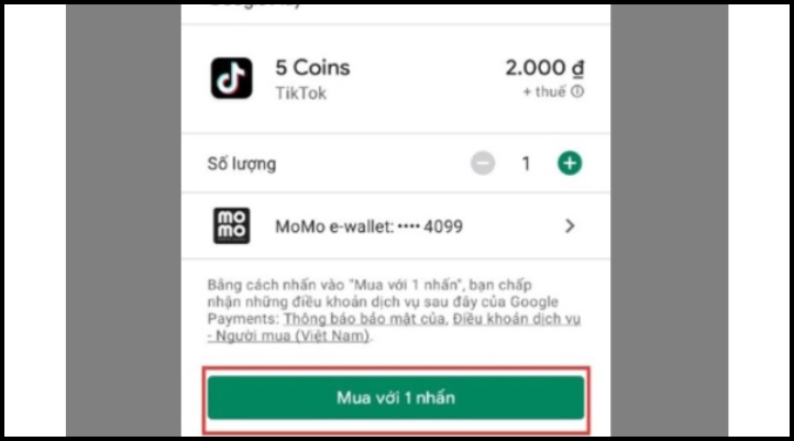 Hoàn tất thanh toán và nhận xu TikTok vào tài khoản sau khi nạp bằng MoMo.
