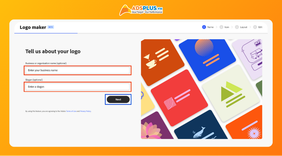 Bước 2: Bạn chọn ngành nghề và nhập tên thương hiệu của mình. Đừng quên nhập thêm khẩu hiệu (slogan) để logo thêm ý nghĩa rồi bấm nút Next.