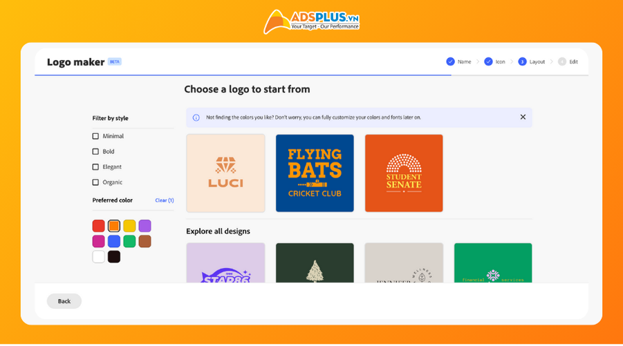 Thiết kế logo bằng AI - Bước 4: Hệ thống sẽ chuyển qua mục Layout, lúc này bạn chọn style và màu sắc và mẫu logo theo ý muốn. Sau đó, bạn hãy dành vài giây để AI tự động tạo các mẫu.
