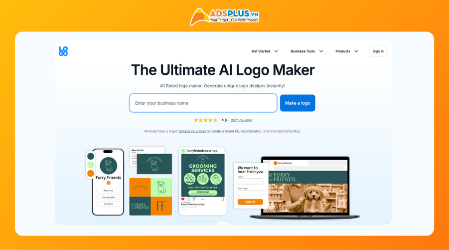 Bước 1 - Thiết kế logo bằng Ai - Logo Maker: Bạn truy cập vào trang web và nhập tên thương hiệu. Sau đó, bạn hãy nhấn vào nút Make Logo màu xanh.