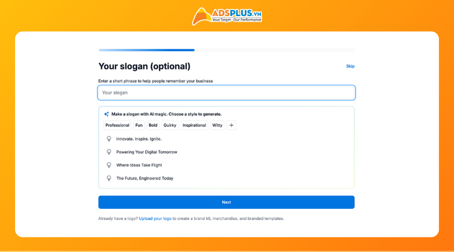 Bước 2: Bạn chọn Industry của doanh nghiệp và điền câu khẩu hiệu của mình vào ô tương ứng. Nếu không có slogan, bạn chỉ cần bấm nút Skip.