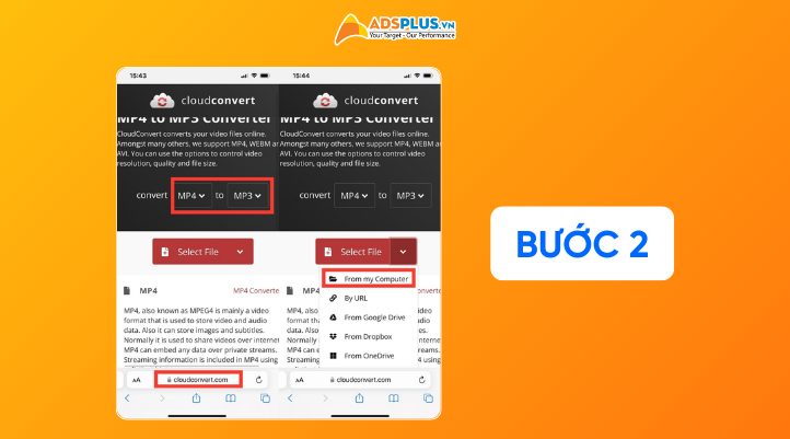 Bước 2: Bạn truy cập trang web Cloudconvert, chọn chuyển từ file MP4 sang MP3. Tiếp theo, bạn nhấn nút Select File, chọn video TikTok vừa tải về từ thư viện điện thoại. 