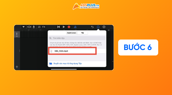 Bước 6: Bạn bấm vào biểu tượng Loop ở góc phải màn hình, chọn thẻ Tệp (Files), chọn tệp tin âm thanh MP3 đã tải về ở Bước 3. 