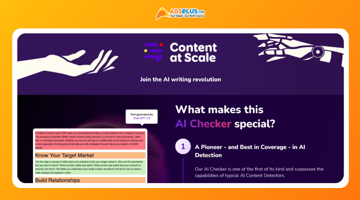 Content at Scale nổi bật vì vừa kiểm tra AI vừa phân tích các yếu tố SEO quan trọng. 