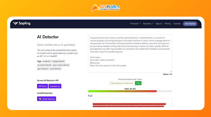 Sapling AI Detector cung cấp mức AI probability giúp doanh nghiệp biết nội dung có khả năng do AI tạo ở mức nào.